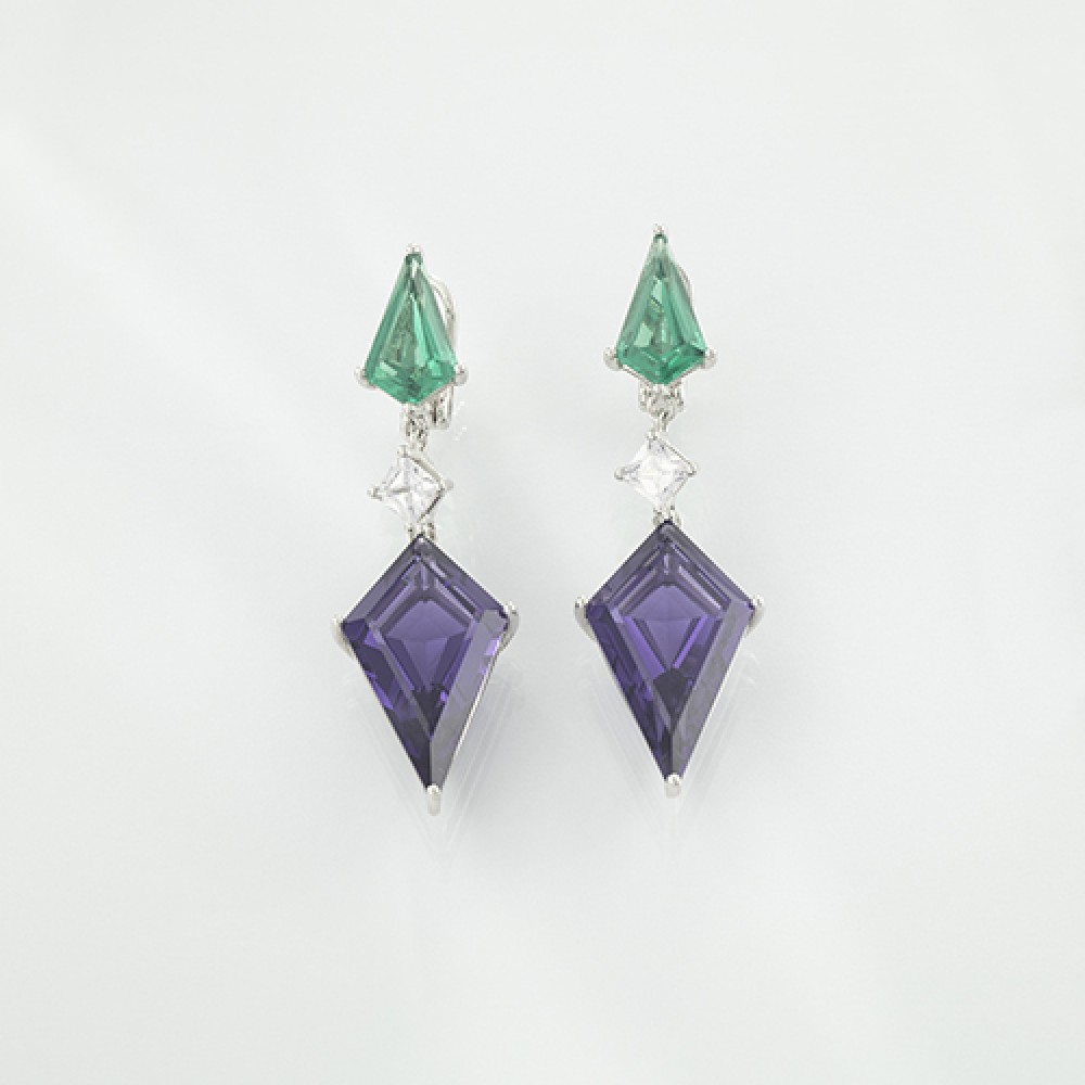 Geometric Drop Earrings with Emerald, Diamond & Amethyst Stones