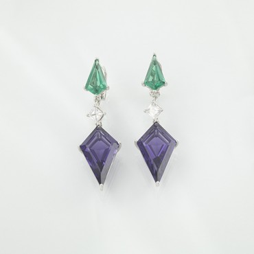 Geometric Drop Earrings with Emerald, Diamond & Amethyst Stones